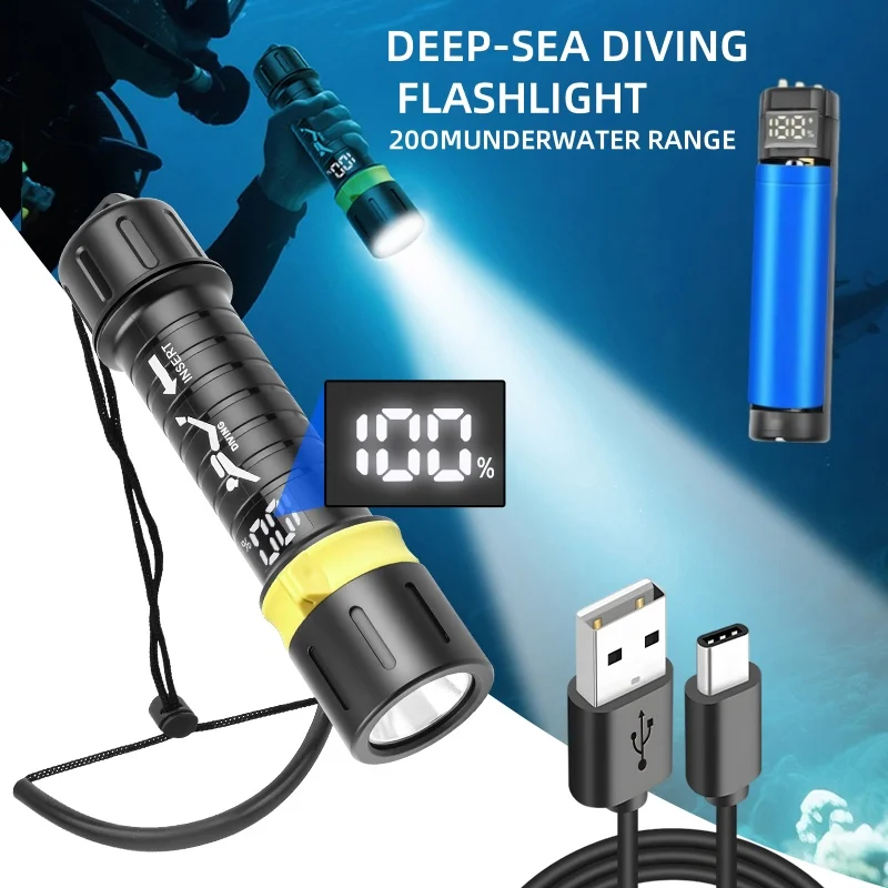 IPX8 Highest Waterproof Diving Flashlight High Power Professional Dive Light with Digital Charger Case & Adjustable Wrist Strap