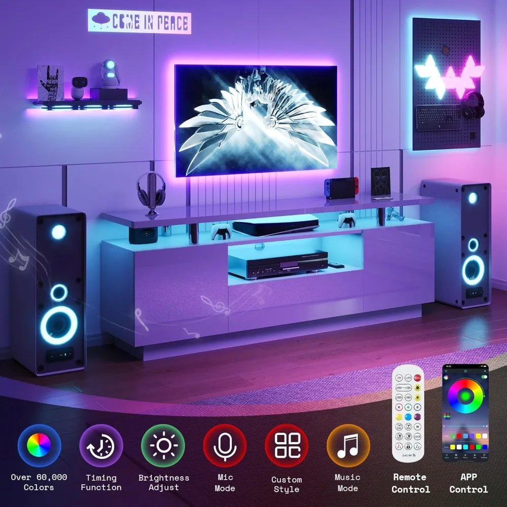 حامل تلفزيون 70 بوصة مع ضوء LED، مركز ترفيه حديث عالي اللمعان مع أرفف تخزين مفتوحة ودرج لأجهزة التلفاز حتى 80 بوصة #4