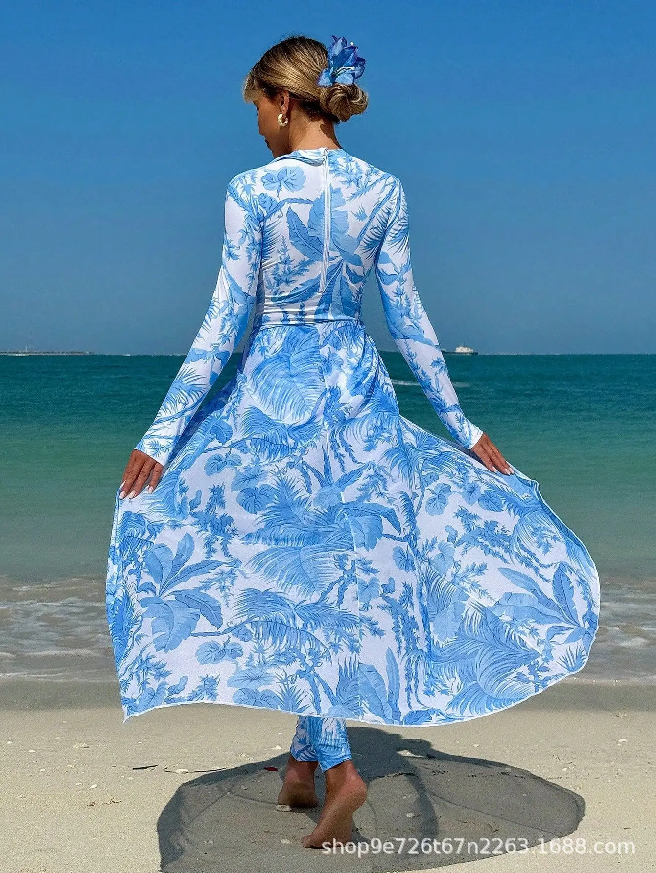 2025 女性の花柄サーフジャンプスーツセットラッシュガード & 痩身スイムスカートビーチカバーアップ 2 ピース水着ホリデー長袖夏