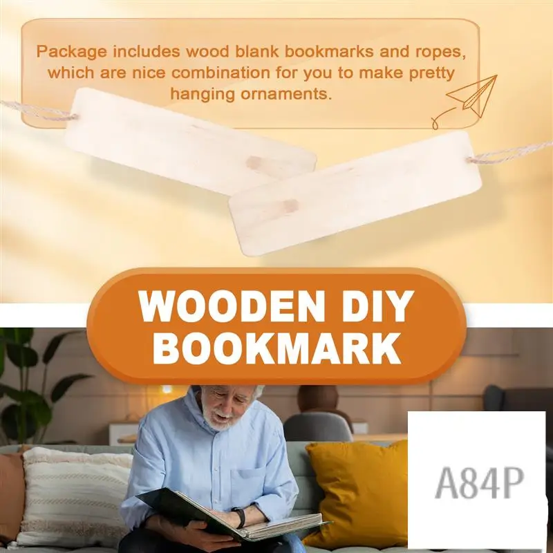100Pcs Wooden DIY Bookmark Blank Bookmarks With Ropes Wooden Book Markers Rectangle Thin Hanging Tag