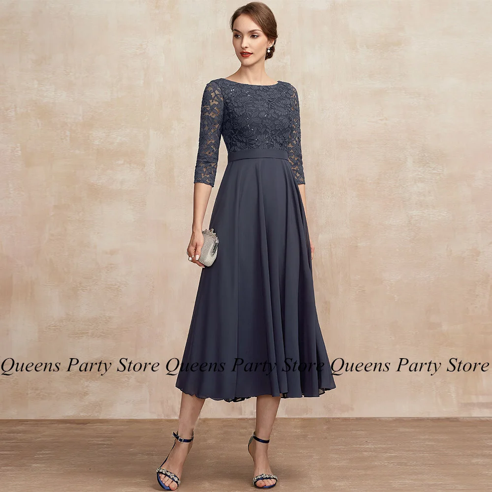 

Woman Wedding Guest Dresses Evening Party Gown Scoop Neck 3/4 Sleeves Lace A Line Tea Length Chiffon Mother of The Bride Dress