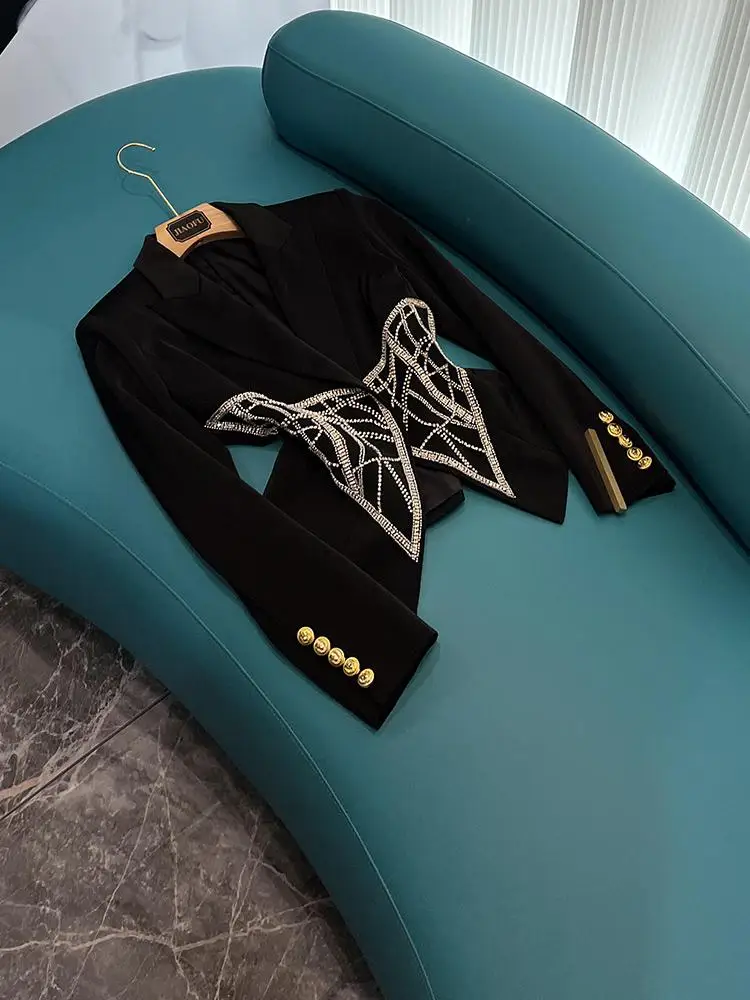 

Faionable Heavy Embellied Diamond Waist-Cinching Slim Fit Женский костюм Jaet Commute Sle Long Sve с двойной пуговицей