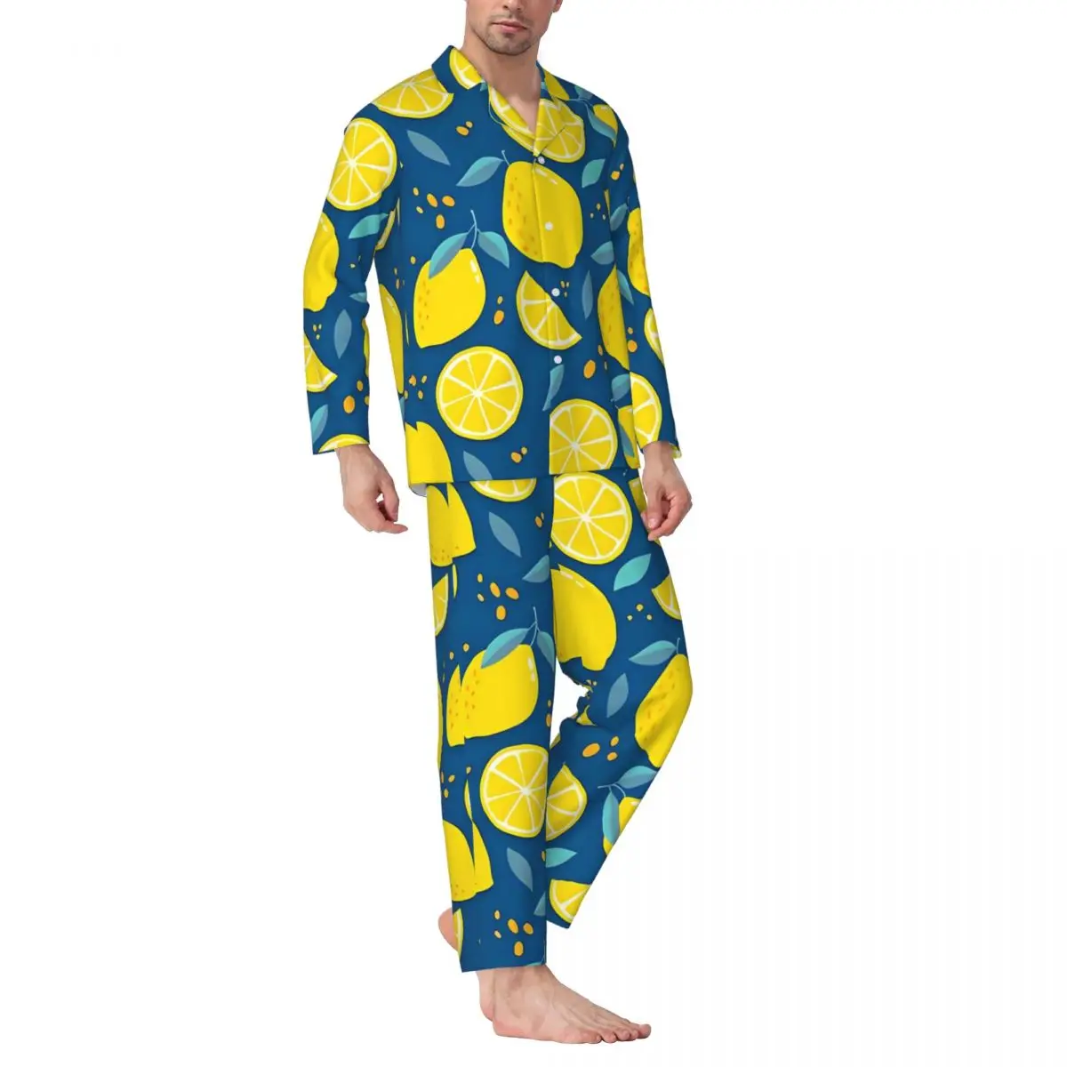 Modern Lemon Sleepwear Autumn yellow Fruit Print Retro Oversized Pajama Sets Male Long-Sleeve Warm Leisure Design Nightwear