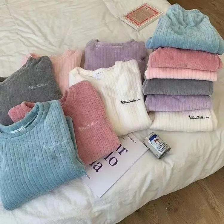 Women Coral Fleece Pajama Set Winter Warm Round Neck Simple Embroidery Home Sleepwear Cozy Loungewear Outfit Nightwear