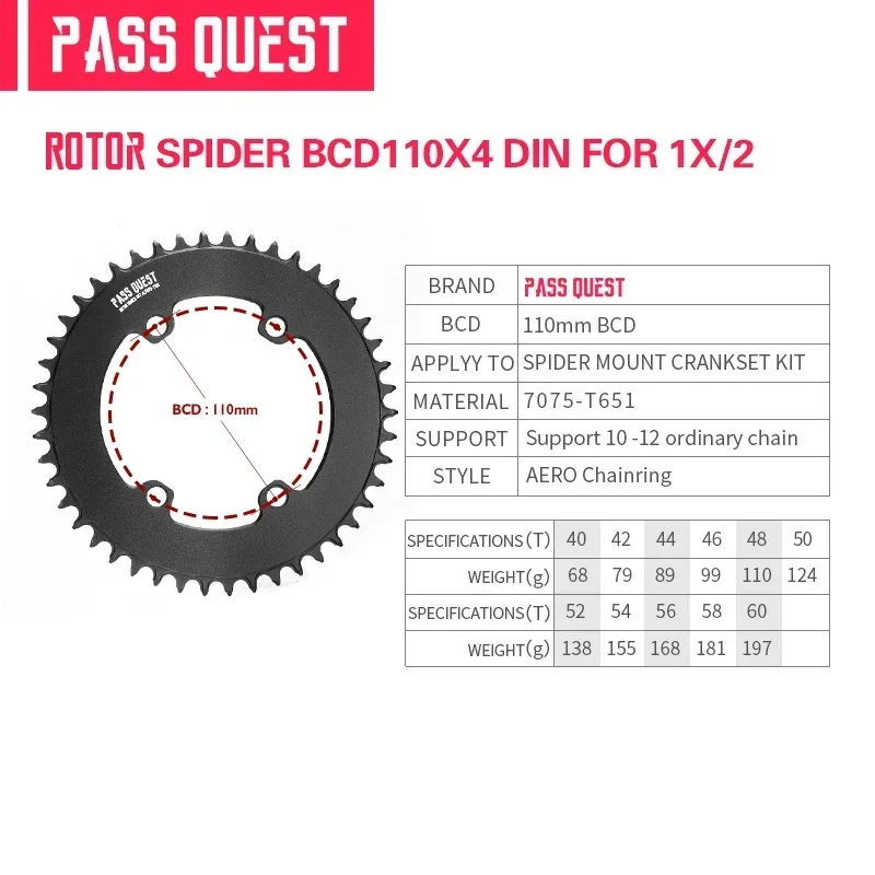 PASS QUEST 110 BCD Chainring Road Bike Narrow Wide Chain ring For Rotor ALDUH 110BCD Bike Chainwheel 52 54 54T 44 46 48 50 dish