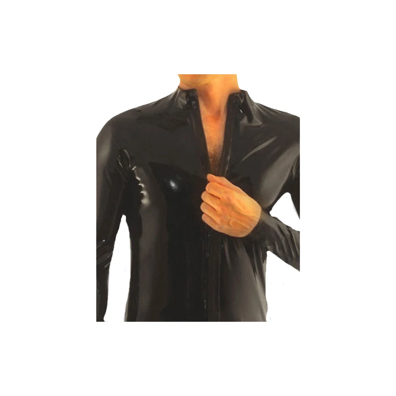 

100% Latex Men Long Slevees Pure Black Handsome Top Sport Tight Coat With Zipper Size XXS-XXL