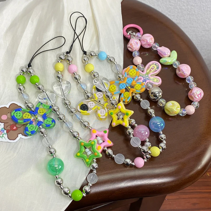 Cute Colorful Hand-painted Butterfly Beaded Mobile Phone Chain Lanyard Y2K Sweet Cool Keychain Bag Pendant Hanging Ornament Gift