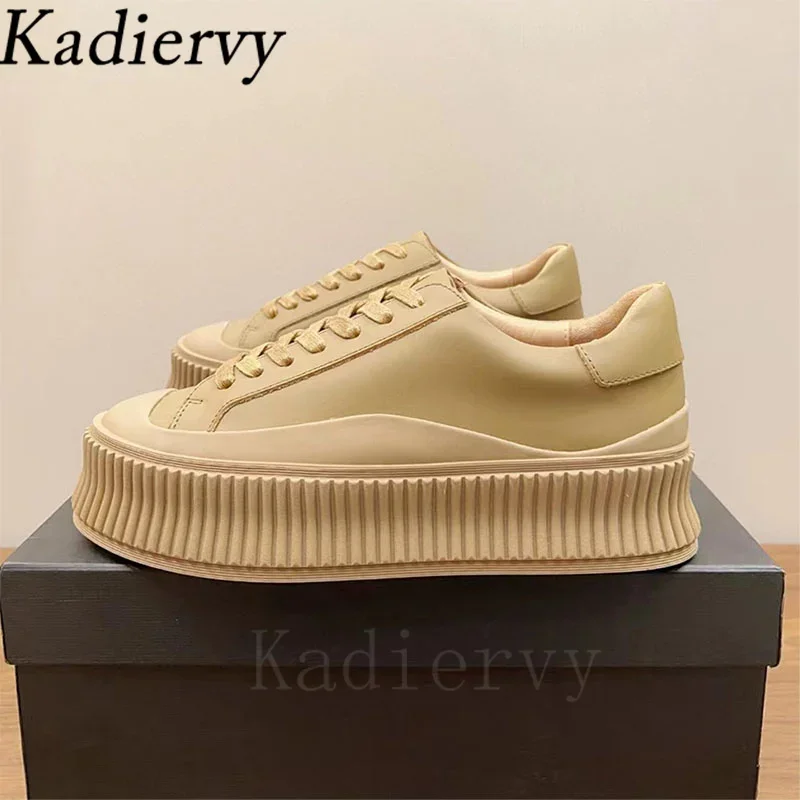 Hot Sales Thick Sole Sneakers Women Casual Outdoor Casual Shoes Lady Round Toe Lace Up Genuine Leather Flat Platform Shoes Woman