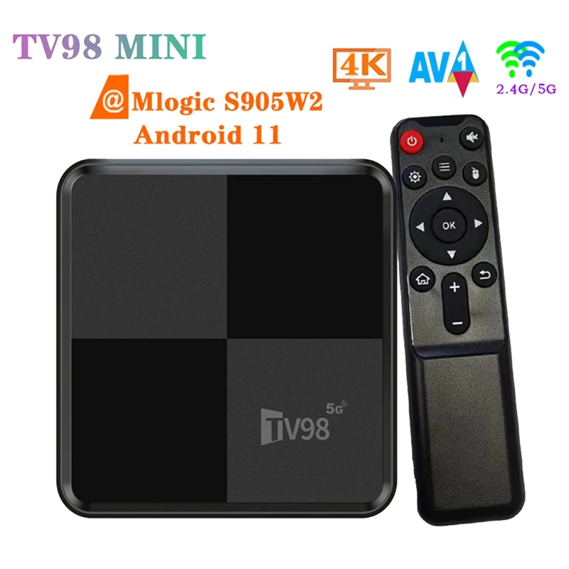 Tv98mini TV Box 2G+16G S905W2 2.4G &5G Wifi 4K Android 11 Smart TV Box Durable US Plug