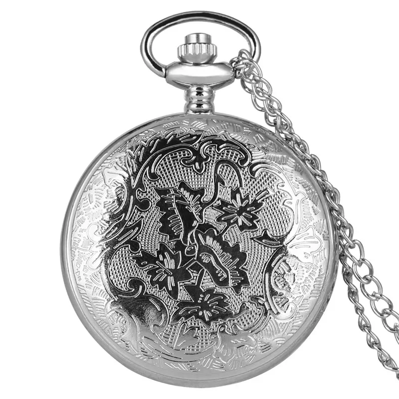 Silver Hollow Out Spider Animal Cover Men Women Quartz Analog Pocket Watch Necklace Chain Roman Number Clock Gifts