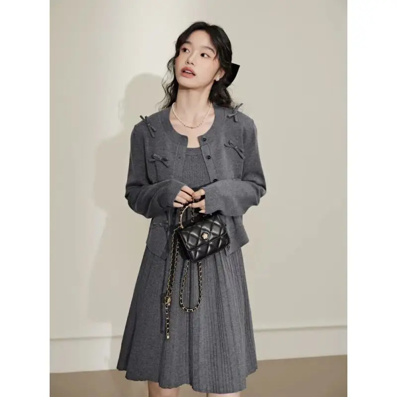 Korejpaa Casual Cardigans Dress Sets Women Korean Fashion Bow Knitted Cardigan Top+sleeveless Slim Waist Pleated Dresses