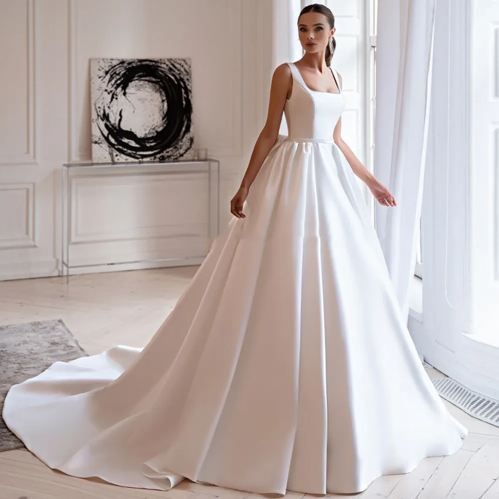 

Simple Wedding Dress Square Neck Ball Gown Pearls Sleeveless Church Wedding Gown Belt Bow Lace-up Classic Bridal Dresses