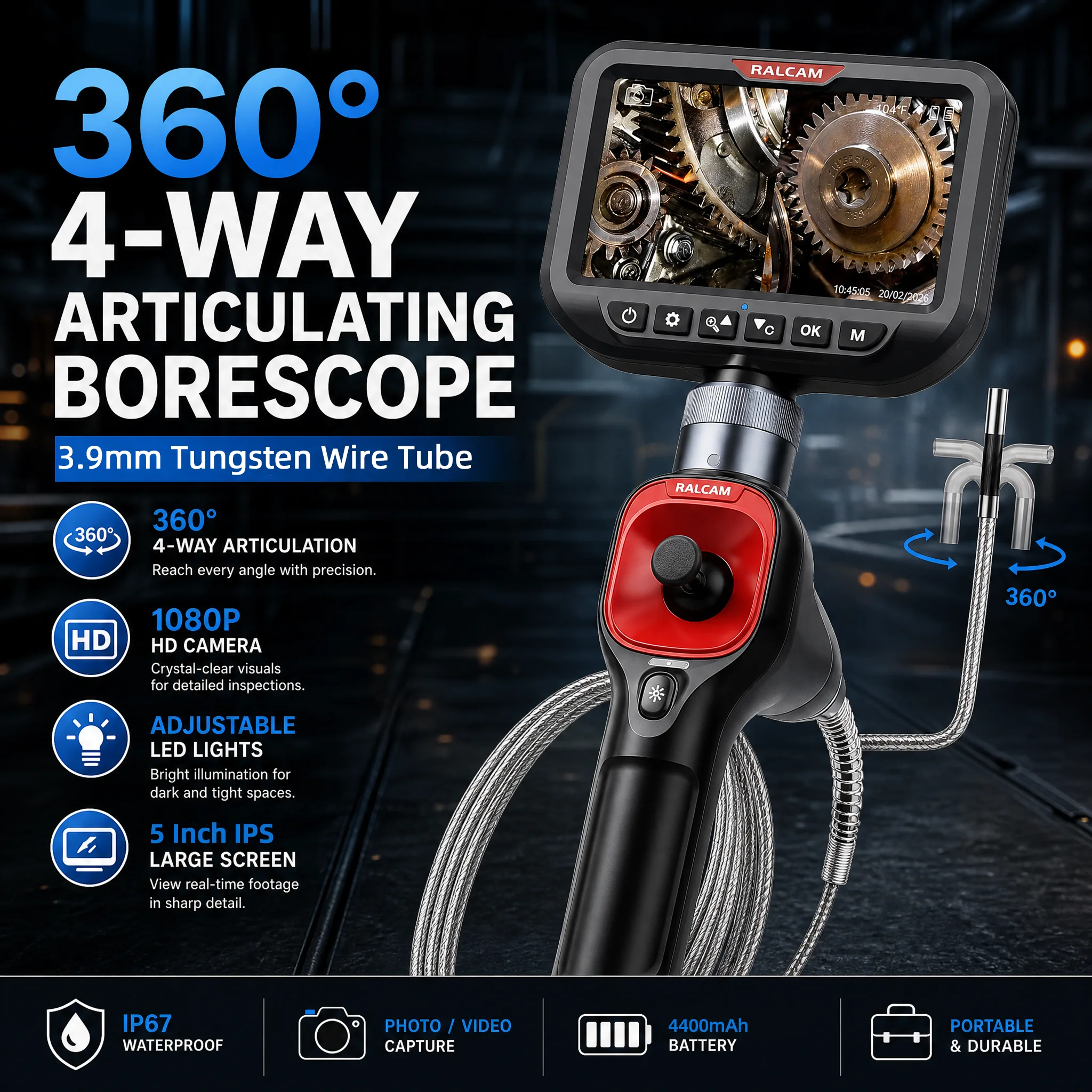 360° 4-Way Articulating Borescope 1080P 3.9mm 5