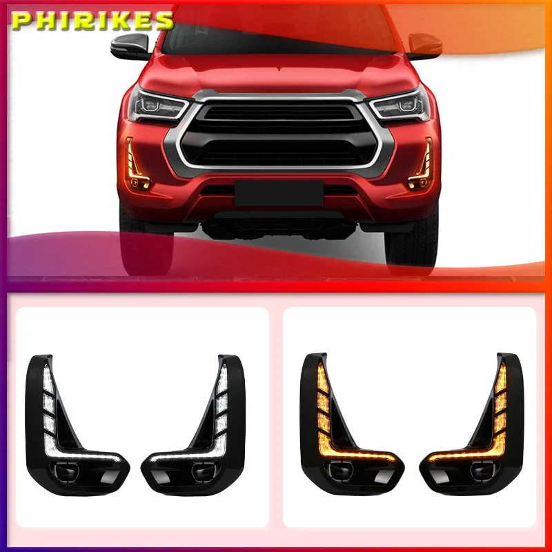 

LED DRL Day Light for Toyota Hilux Revo 2020 2021 Daytime Running Light Fog Lamp Bezel with Dynamic Sequential Turn Signal