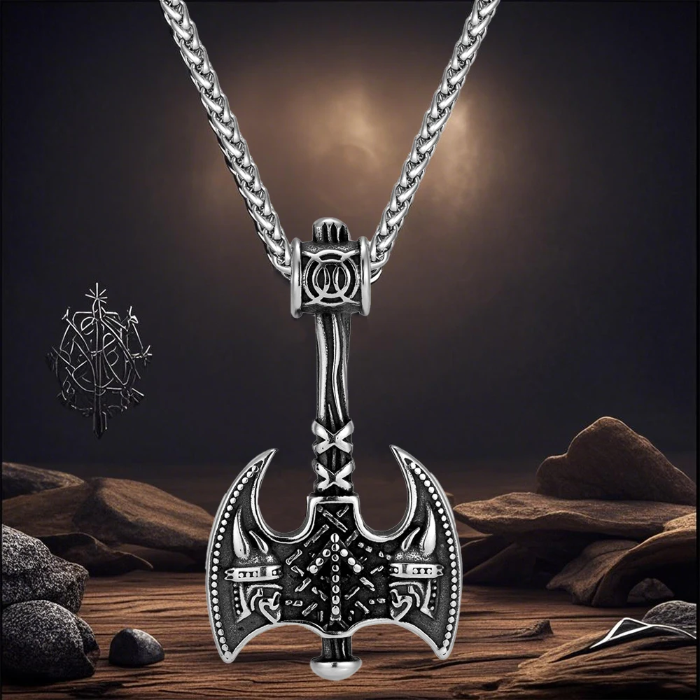 Edelstahl Wikinger Riesenachsen Krieger Halsketten Männer Berserker Nordisches Amulett Anhänger mit Lederseil Skandinavischer Schmuck
