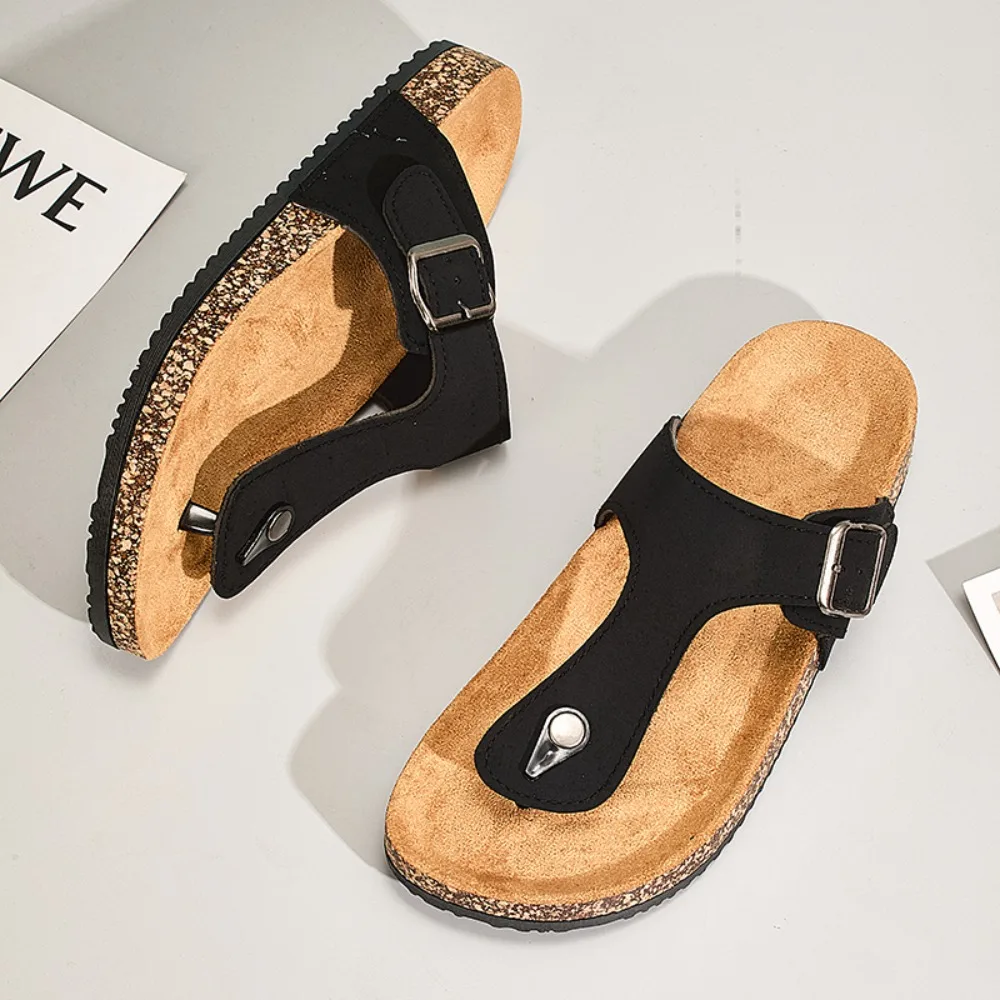 Comwarm New Cork Sandals For Women Open Toe Beach Slippers With Adjustable Buckle Women Flats Leather Cork Footbed Flip Flops