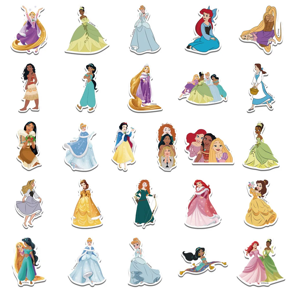 10/30/50/100PCS Cute Disney Princess Stickers Cartoon Decals DIY Laptop Phone Fridge Notebook Bike Car PVC Waterproof Kids Toys