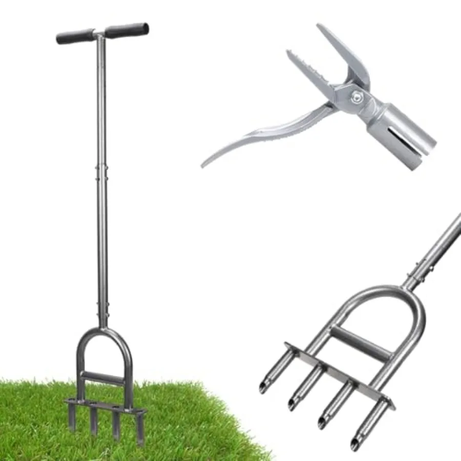 

2-in-1 Lawn Aerator Tool, Foot-Operated Weed Puller and Core Aerator 4 Hollow Tines with Adjustable Height, Heavy-Duty Anti-Rus