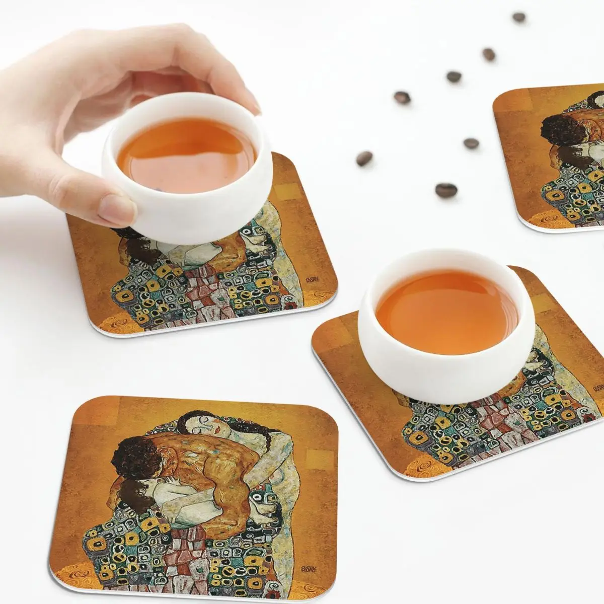 The Kiss By Gustav Klimt Coasters PVC Leather Placemats Insulation Coffee Mats for Decor Home Kitchen Dining Pads Set of 6