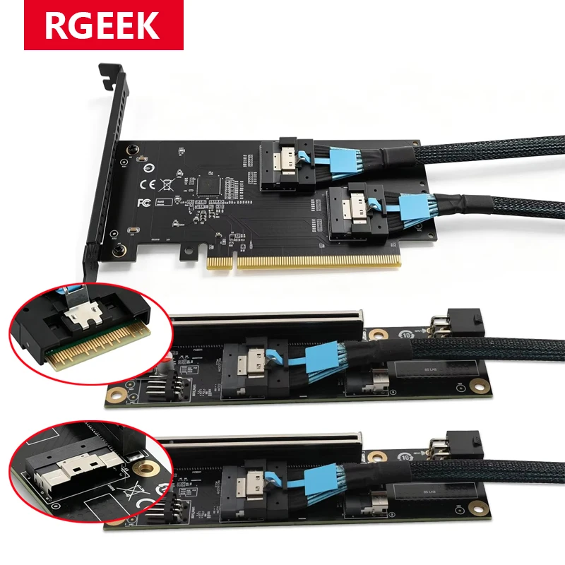RGEEK PCIe 4.0 X16 to Dual X8 Bifurcation Riser Card, X8X8 PCIe Splitter with 2x SFF-8654 8i SlimSAS Cables for GPU Server