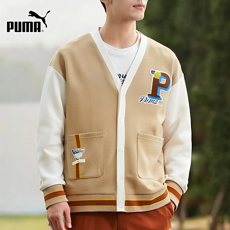 

Официальный оригинальный трикотажный кардиган Puma для мужчин и женщин, бежевый с белыми цветовыми блоками и нашивкой с буквами, артикул 625798-83