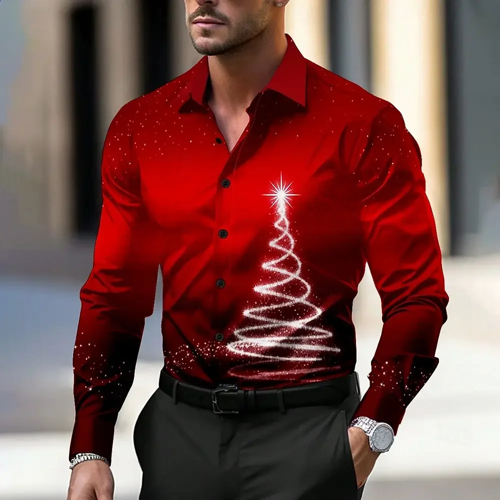 Christmas Men's Shirt Christmas Tree 3d Print Shirts Autumn Long Sleeve Lapel Button Tops Micro Elastic Oversized Shirts For Men