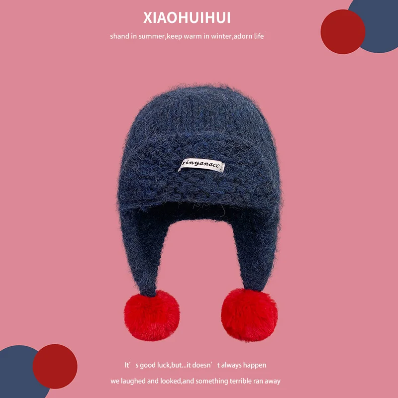 Topi Bomber Rajut Korea Sederhana dan Modis dengan Hiasan Bulu untuk Wanita, Menjaga Kepala Tetap Hangat di Musim Gugur dan Musim Dingin