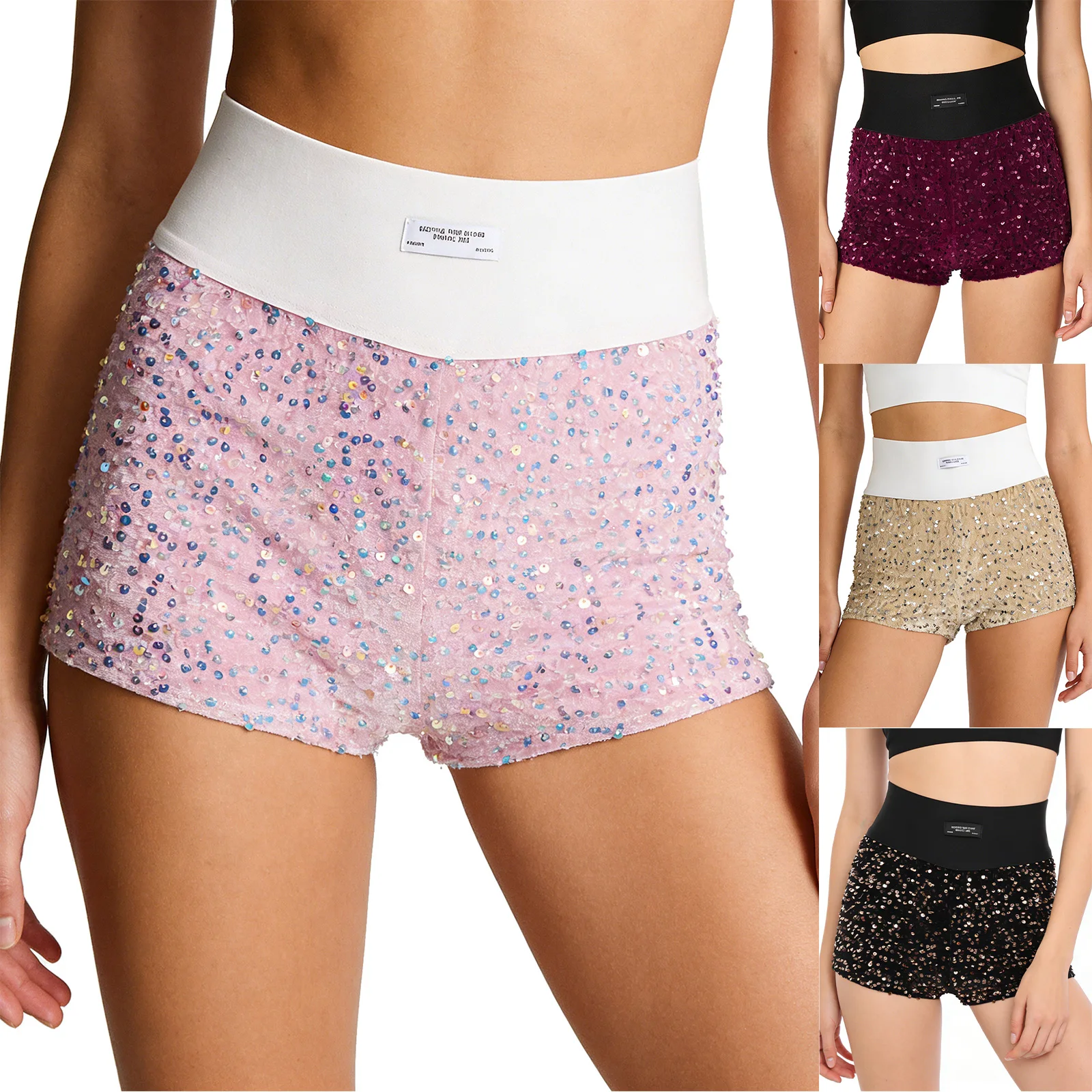 Pantaloni caldi da donna a vita alta con paillettes lucide Cintura elastica in velluto con pantaloncini completamente foderati con paillettes per feste di rave in discoteca