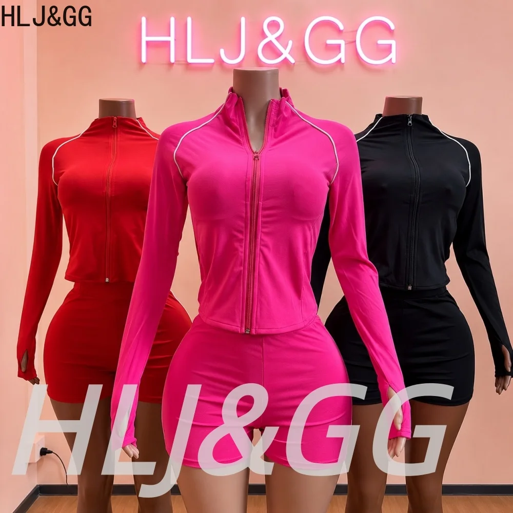 HLJ&GG Conjuntos deportivos informales de dos piezas con cremallera para mujer, conjunto de top ajustado de manga larga y pantalones cortos, chándales de 2 piezas para mujer 2026