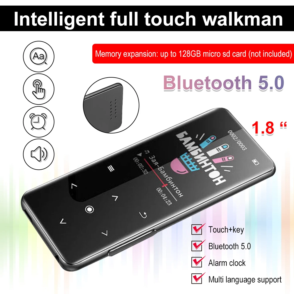 Reproductor de música Hifi Mp3 Mp4 táctil de 1,8 pulgadas para Bluetooth 5,0 altavoz incorporado Walkman con radio Fm grabación MINI reproductor de Mp3 para estudiantes