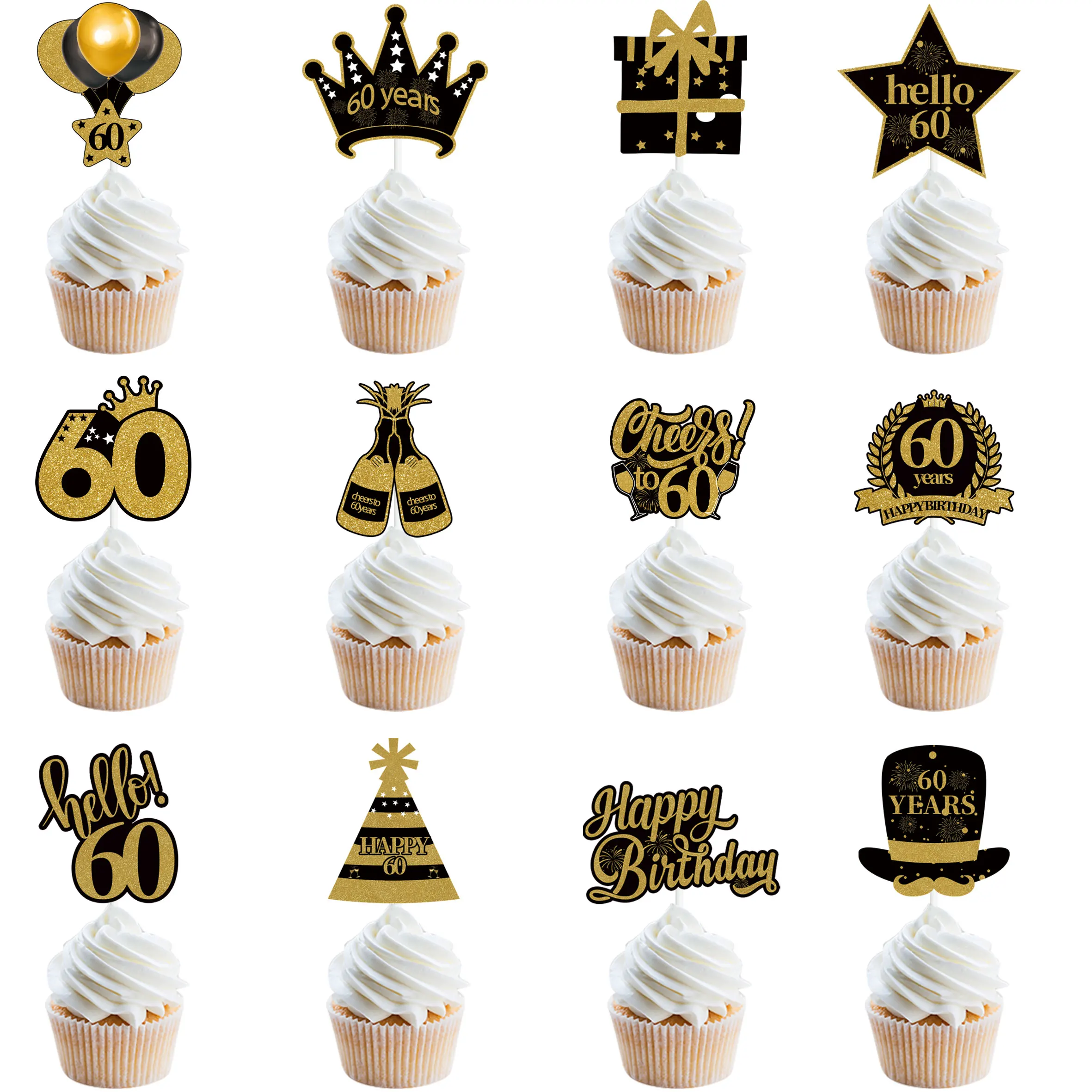 12Pcs 30th 40th 50th 60th Birthday Party Black Gold Cake Toppers Adult Birthday Anniversary 18 30 40 50 Year Birthday Supplies