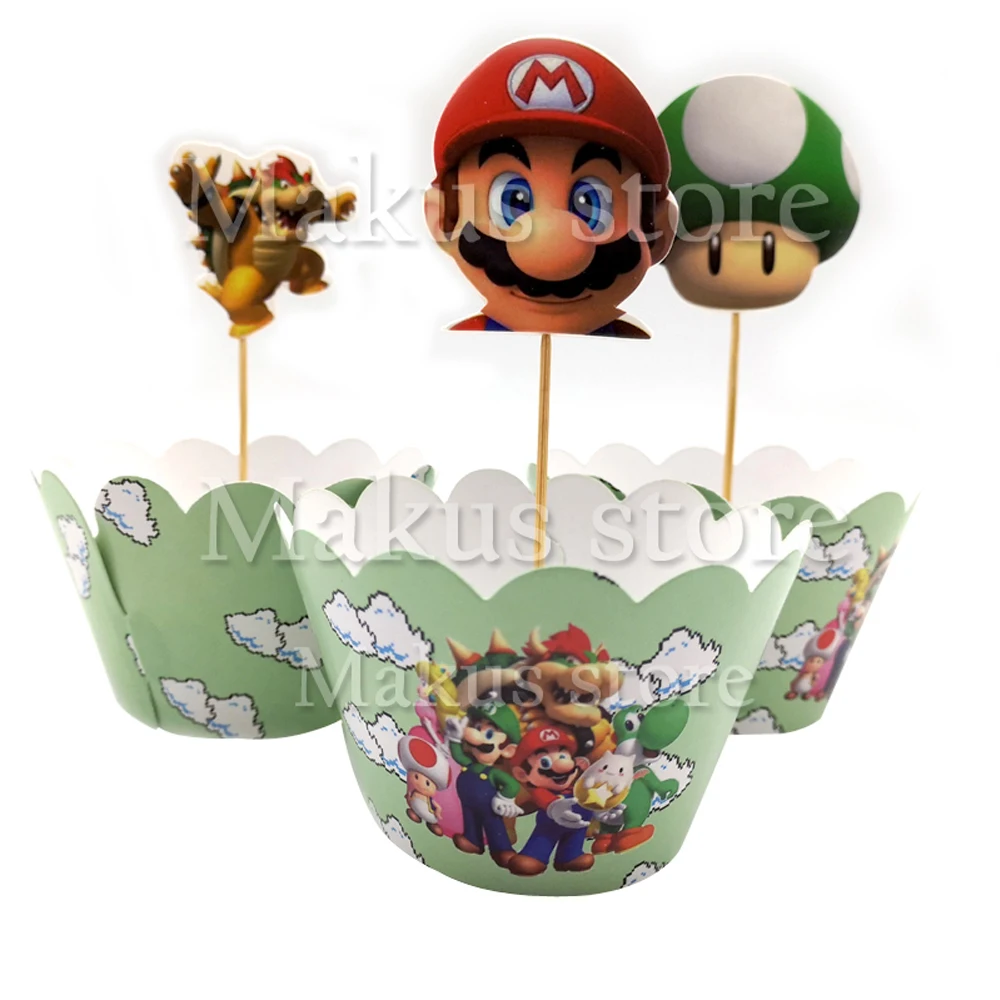 12pcs/lot Mario Theme Cake Decorations Wrappers Kids Boys Birthday Events Party Supplies Baby Shower Gifts Cupcake Topper