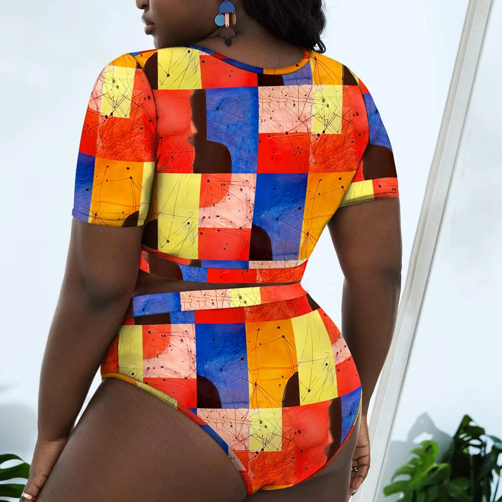 Impressão de flores esporte maiô feminino plus size impressão manga curta colheita topo calças curtas bikini banho maiô de duas peças