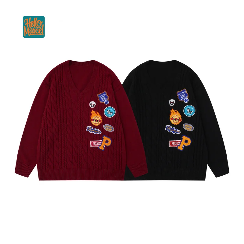 

HELLOMARCEL EU US Size Heavy Embroidery Pullover V-Neck Sweater Unisex Autumn Winter Versatile Design Couple Outdoor Sweater