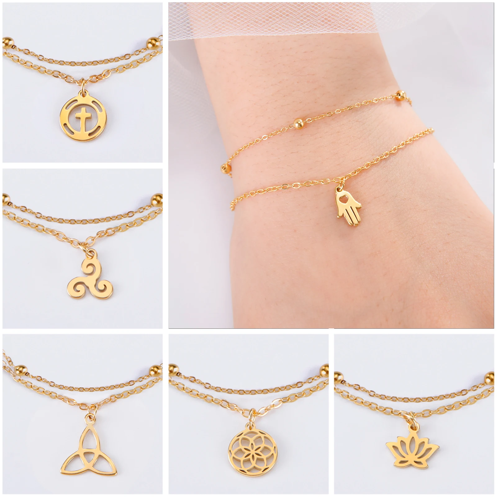 Unift Tiny Layer Chain Bracelet for Women  Vintage Nordic Amulet Jewelry Stainless Steel Lotus Irish Knot Hamsa Hand Charms