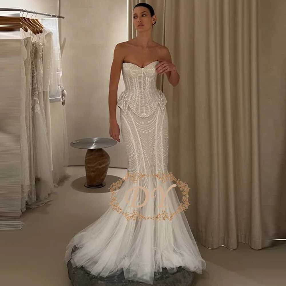 DY Fashionable Mermaid Wedding Dress Lace Appliques Tulle Pleats Backless Sweep Train Vestidos De Novia Customised Vestido De N