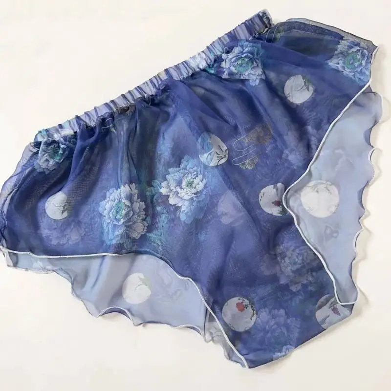 

Прозрачные глянцевые трусы с цветочным принтом, шелковистое сексуальное нижнее белье для мужчин и женщин, прозрачное шелковое шифоновое эротическое белье