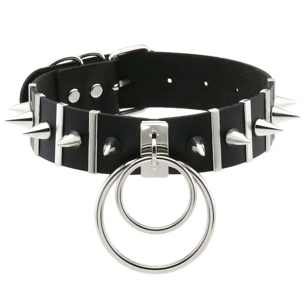 Fashion Harajuku Black PU Leather Long Rivet Choker Necklace Women's Punk Gothic Spike Necklace O-Round Pendant Collar Jewelry