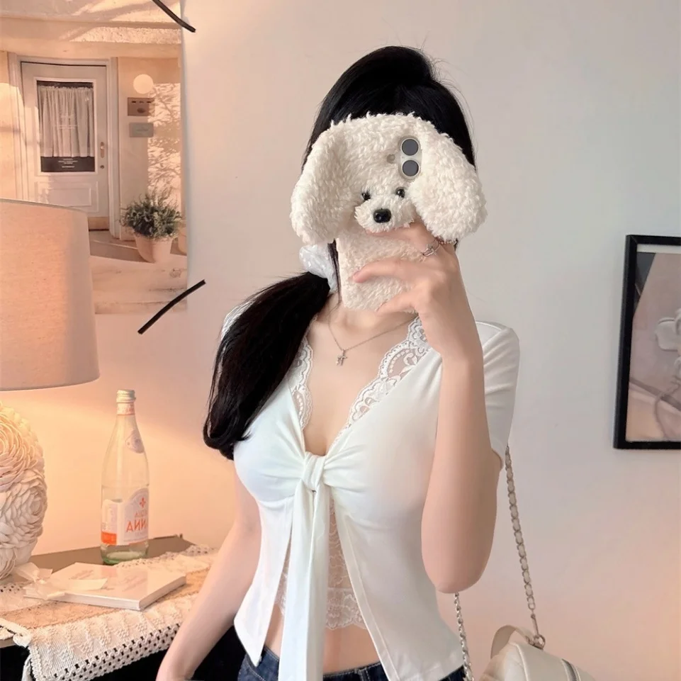 Summer New Sweet And Spicy Style Lace V-neck Short Sleeve T-shirt Women's Slim Fit Integrated with Chest Pad Top