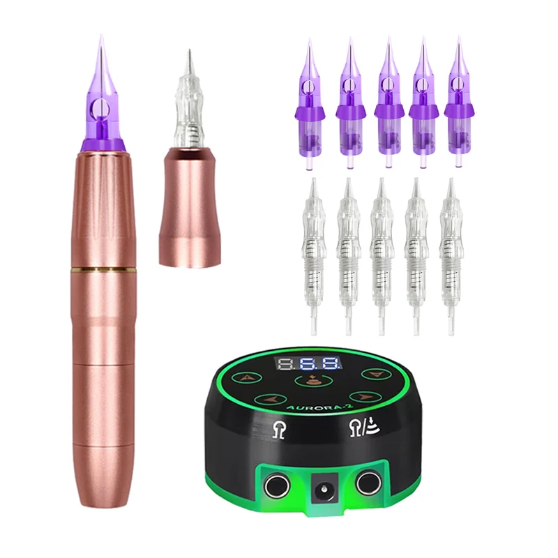 Professional Double Head All-in-one Rotary Tattoo Pen RCA Permanent Makeup Cosmetic Tattoo Power Supply Machine Set