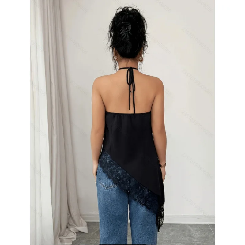 Women's New Summer Fashion Elegant Solid Color Lace Patchwork Asymmetrical Hem Backless Halter Neck Tank Top Robe