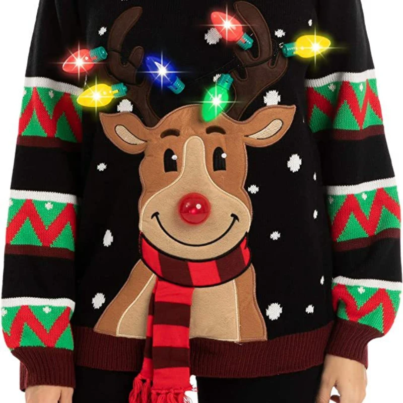 Sweater Women Christmas Deer Knitted Long Sleeve Round Neck Ladies Jumper Winter Autumn Pullover With LED Lamp