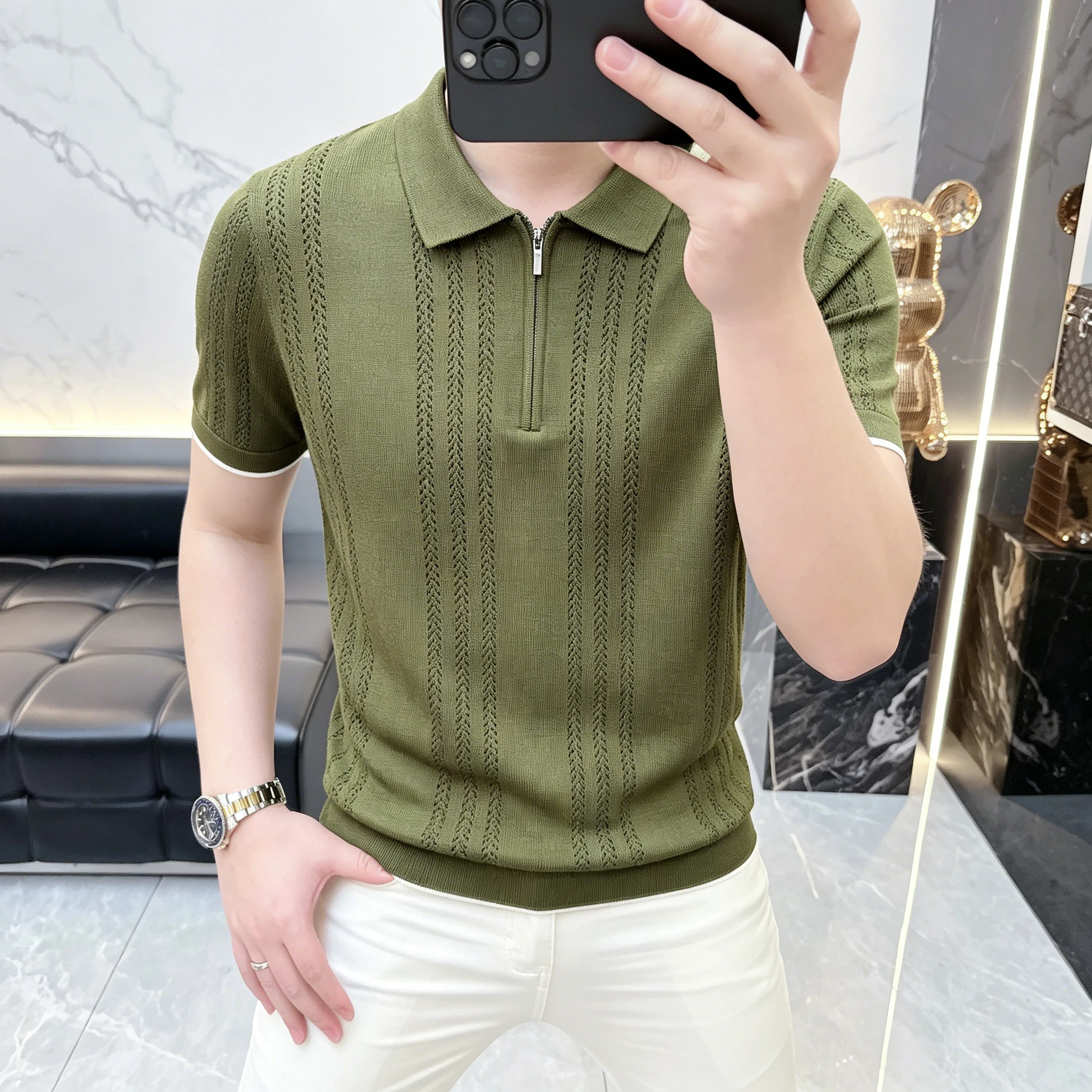 Summer Men's Short-Sleeved T-Shirt- New Texture Knitted Stripes Collar Shirt- Men's Luxury