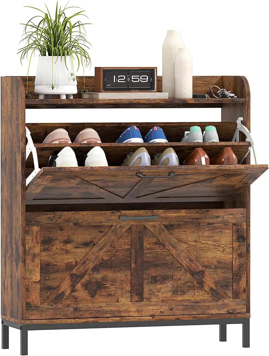 

Farmhouse Freestanding Narrow Shoe Cabinet with Flip Drawers, Slim Hidden Rack Organizer for Entryway, Rustic Brown Wood Grain