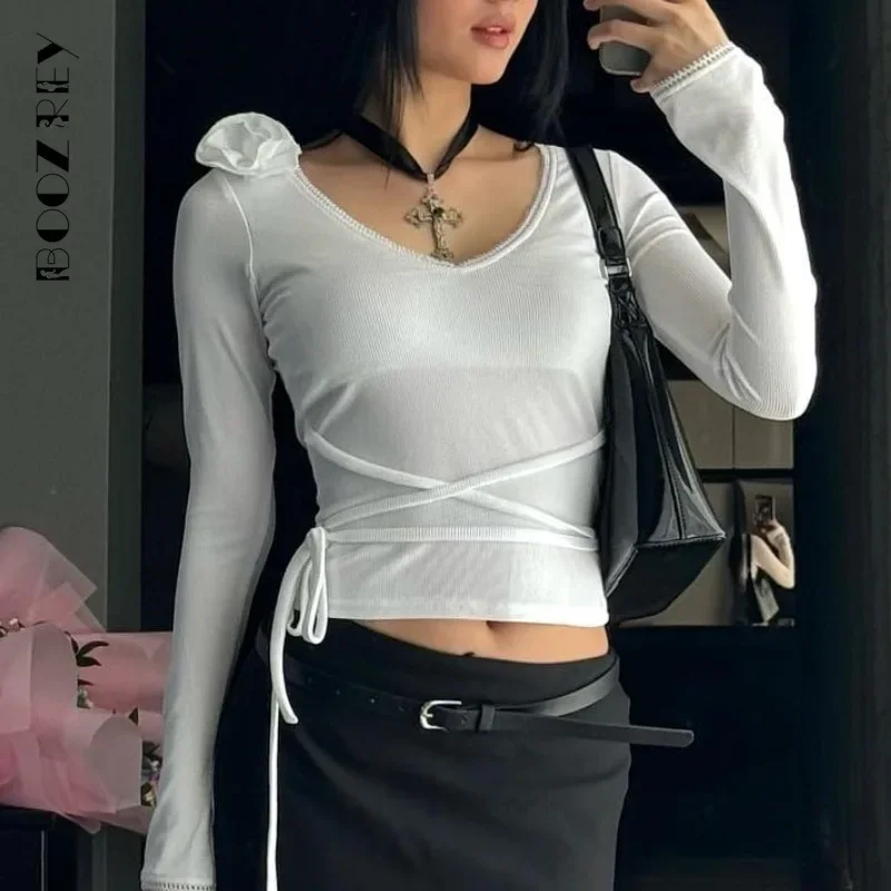 BoozRey Casual Lace-up V-neck Slim Fit T-shirts Concise Full Sleeve Crop Tops Elegant Women Tees All-matched Bottoming Clothing