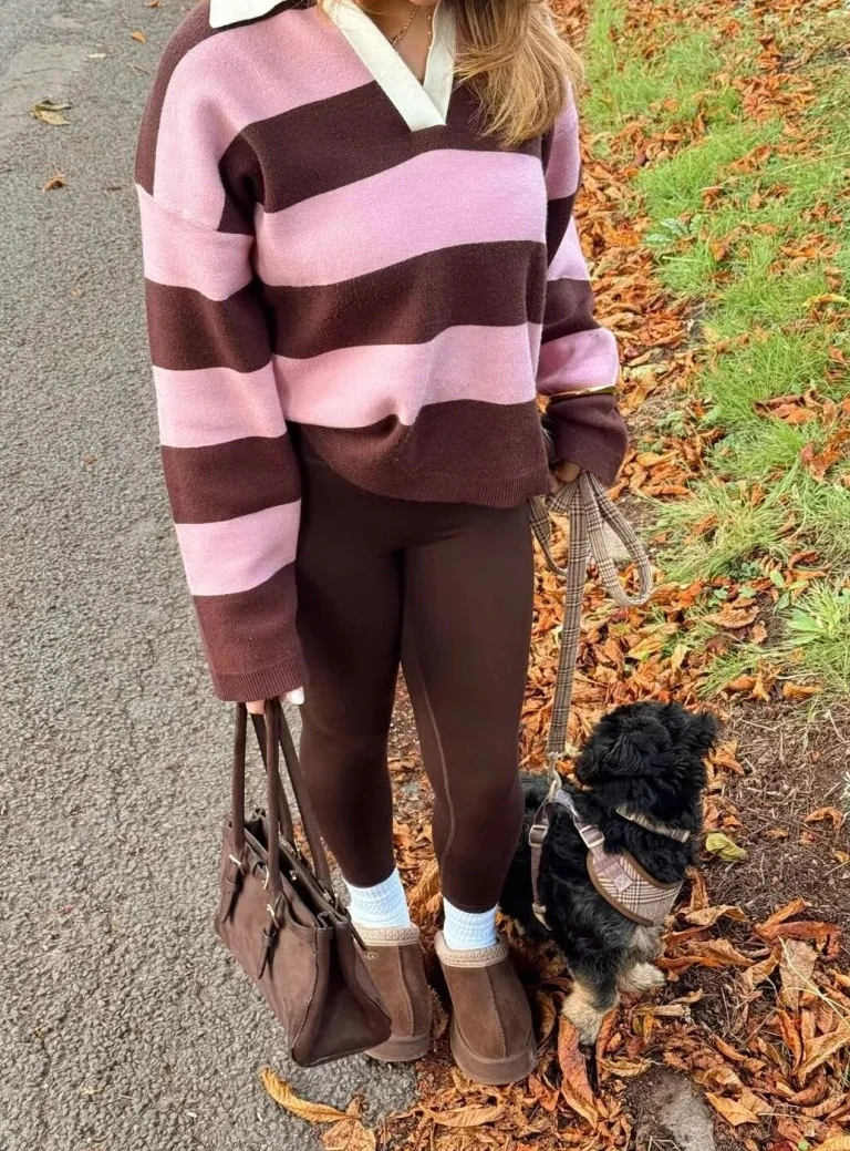 

Women New Street Style Yellow Wide Stripe Polo Neck Loose Long Sleeve Sweater Fashion Casual Knitwear Chic Top