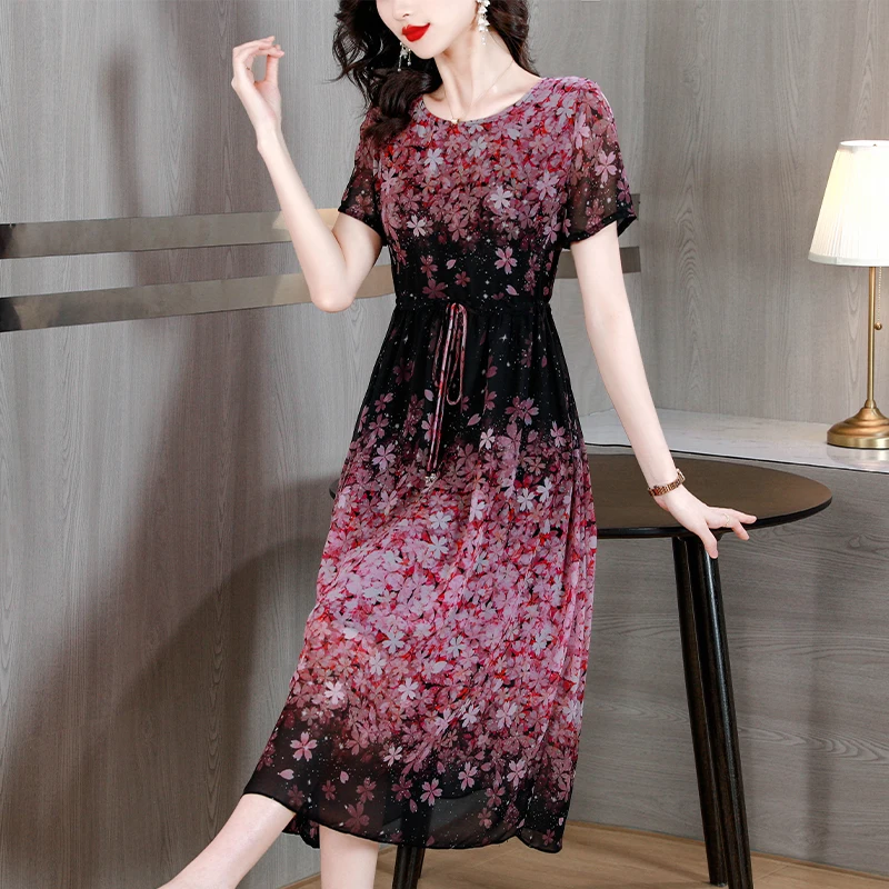 

Женское платье с круглым вырезом, повседневное свободное шелковое платье с принтом, лето 2023