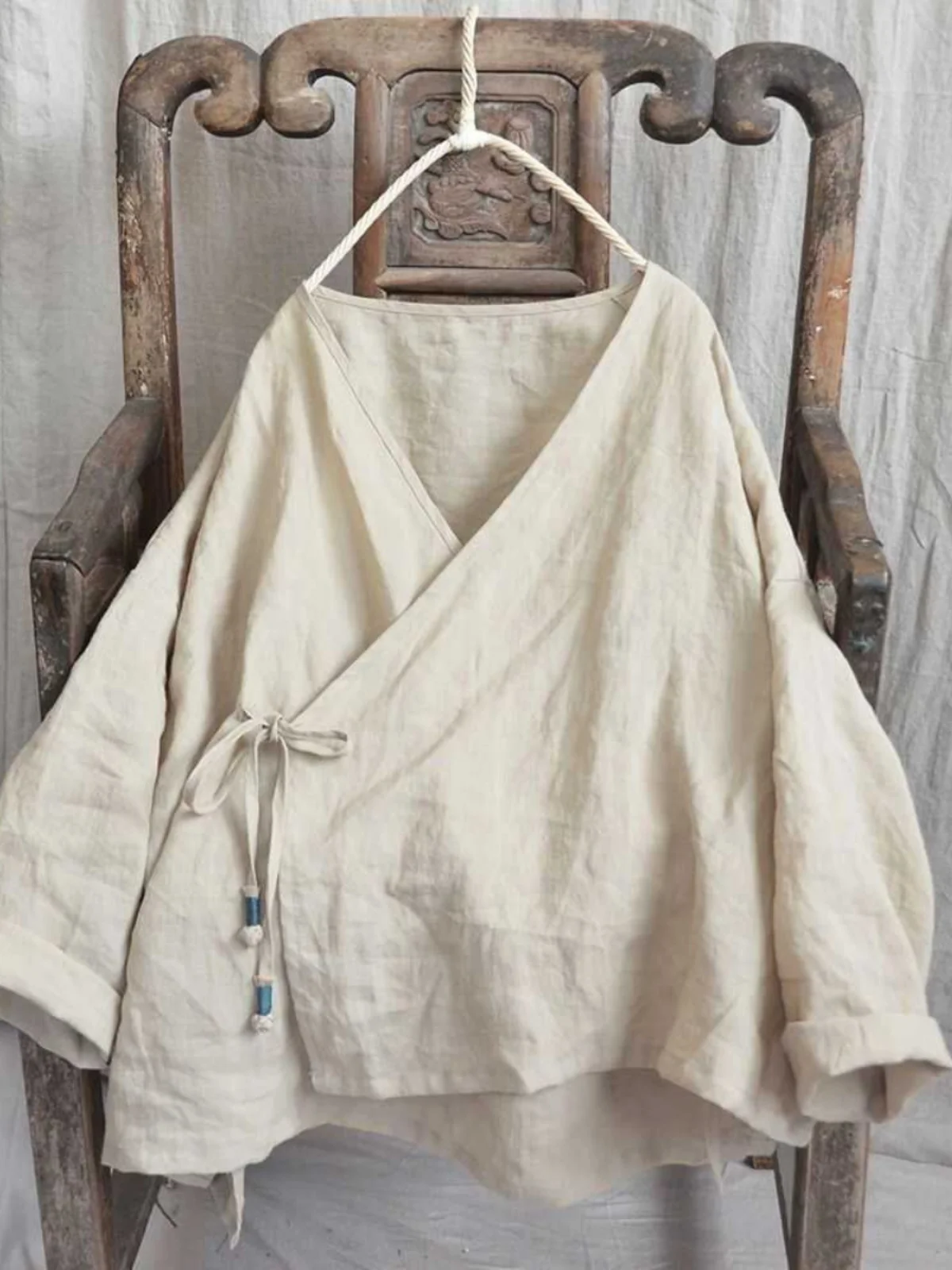 Retro Artistic Long Sve Hemp Kimono Sle Open Cardigan Women's Loose Fit Tea Ceremony Top Thin Outerwear V-Ne Tie