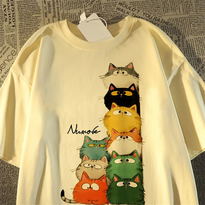 أنيمي Harajuku تزهر القط طباعة القطن النساء تي شيرت الصيف المعتاد قصيرة الأكمام Y2k لينة عادية النساء الرجال قمم تي شيرت المحملة #4