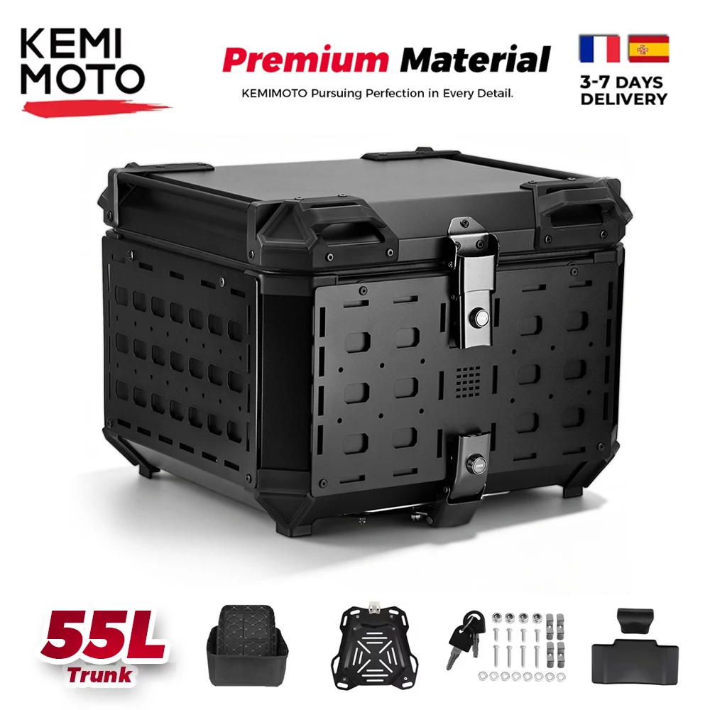 55L/14,53Gal Aluminium Motorrad-Topcase, faltbare Gepäckbox mit Panel-Organizer, modularer Stauraum, Helmkoffer, universeller Motorrad-Kofferraum, Heck-Helmkoffer für BMW GSA1250 R1200GS, für Honda,